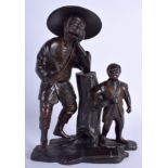 A 19TH CENTURY JAPANESE MEIJI PERIOD BRONZE OKIMONO modelled as a male beside a child. 25 cm x 18 c