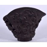 A CHINESE BAMBOO LIBATION CUP, carved with chilong beneath Greek key banding. 9.5 cm x 12 cm.