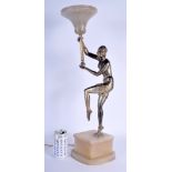 A LARGE ART DECO SPELTER AND ALABASTER FIGURAL LAMP modelled holding aloft a shade. 62 cm high.