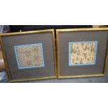 A PAIR OF FRAMED PERSIAN SILK EMBROIDERED PANELS, each depicting busy hunting scenes. 14 cm x 15.5