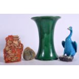 A CHINESE BLUE GLAZED PORCELAIN FIGURE OF A DUCK, together with a green glazed vase etc. Vase 20.5