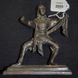 AN INDIAN METAL STATUE FORMED AS A DANCER, modelled upon a rectangular stepped plinth. 19 cm x 14.5