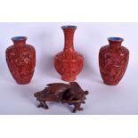 A PAIR OF EARLY 20TH CENTURY CHINESE CINNABAR LACQUER VASES together with another & a fish. (5)