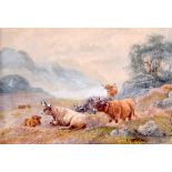 H GILBERT (British) FRAMED WATERCOLOUR, signed, cattle in highland scene. 16.5 cm x 24.5 cm.