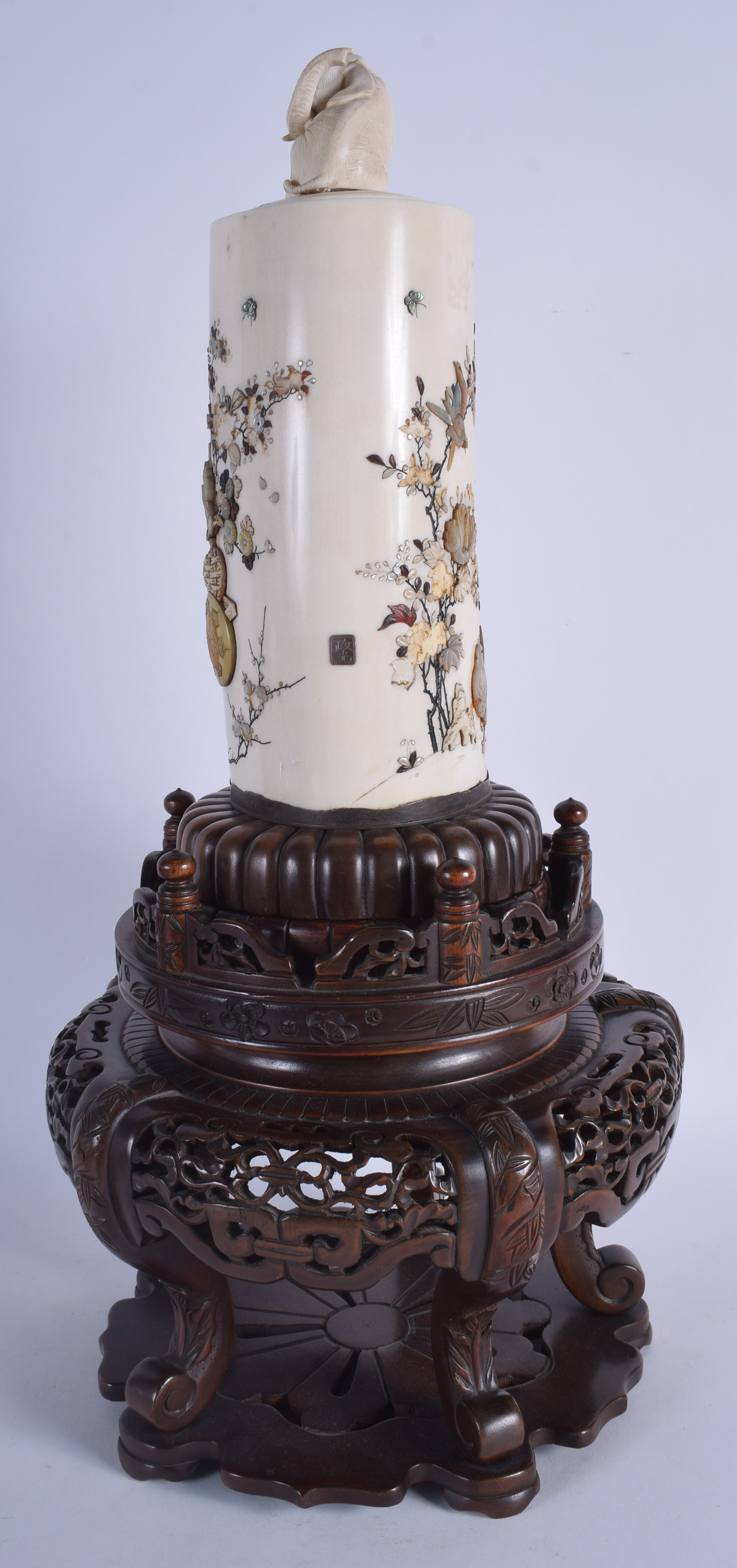 A LARGE 19TH CENTURY JAPANESE MEIJI PERIOD CARVED IVORY TUSK VASE AND COVER decorated with urns and - Image 2 of 12