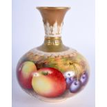 A ROYAL WORCESTER VASE painted with apples and cherries on a mossy back shape F110, date code 1934.