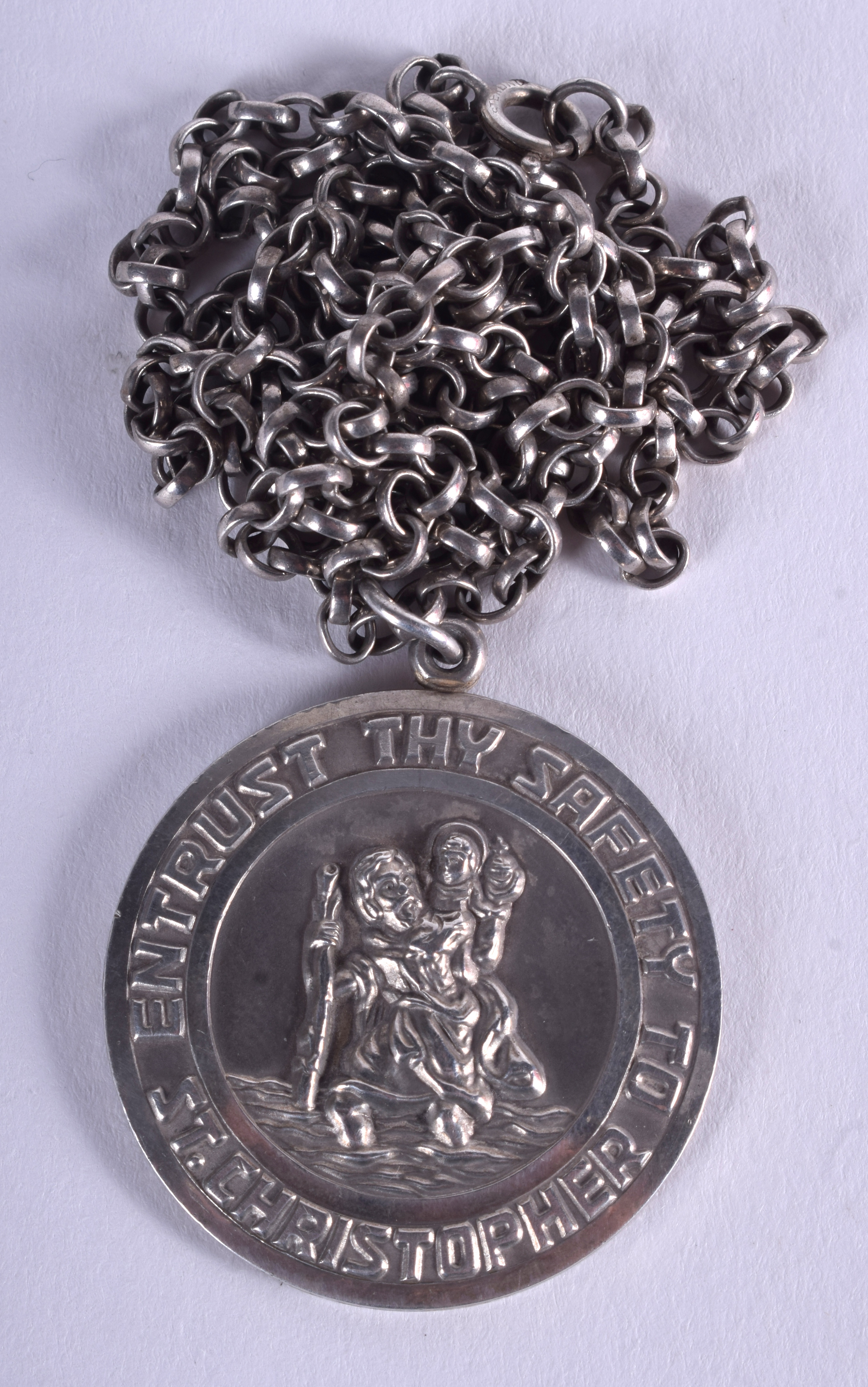A GEORG JENSEN SILVER ST CHRISTOPHER PENDANT C1975 with silver chain. Pendant 3.25 cm wide.