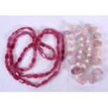 A PINK QUARTZ AND PEARL NECKLACE, together with another hardstone necklace. Longest 102 cm. (2)