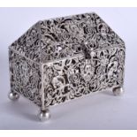 A 19TH CENTURY CONTINENTAL SILVER OPEN WORK CASKET decorated with foliage and mask heads. 7.3 oz. 1
