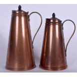 W.A.S BENSON TWO ARTS & CRAFTS COPPER JUG, bearing stamps to handles, with original liner. Largest