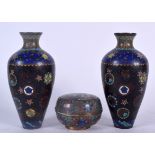 A PAIR OF 19TH CENTURY JAPANESE MEIJI PERIOD CLOISONNÉ ENAMEL VASES together a dragon box. 19 cm hi