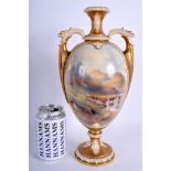 A LARGE ANTIQUE ROYAL WORCESTER TWIN HANDLED PORCELAIN VASE by John Stinton, painted with highland