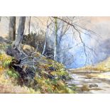 JOHN HENDERSON TARBET (1865-1937) FRAMED WATERCOLOUR, signed, river landscape, label verso. 33 cm x