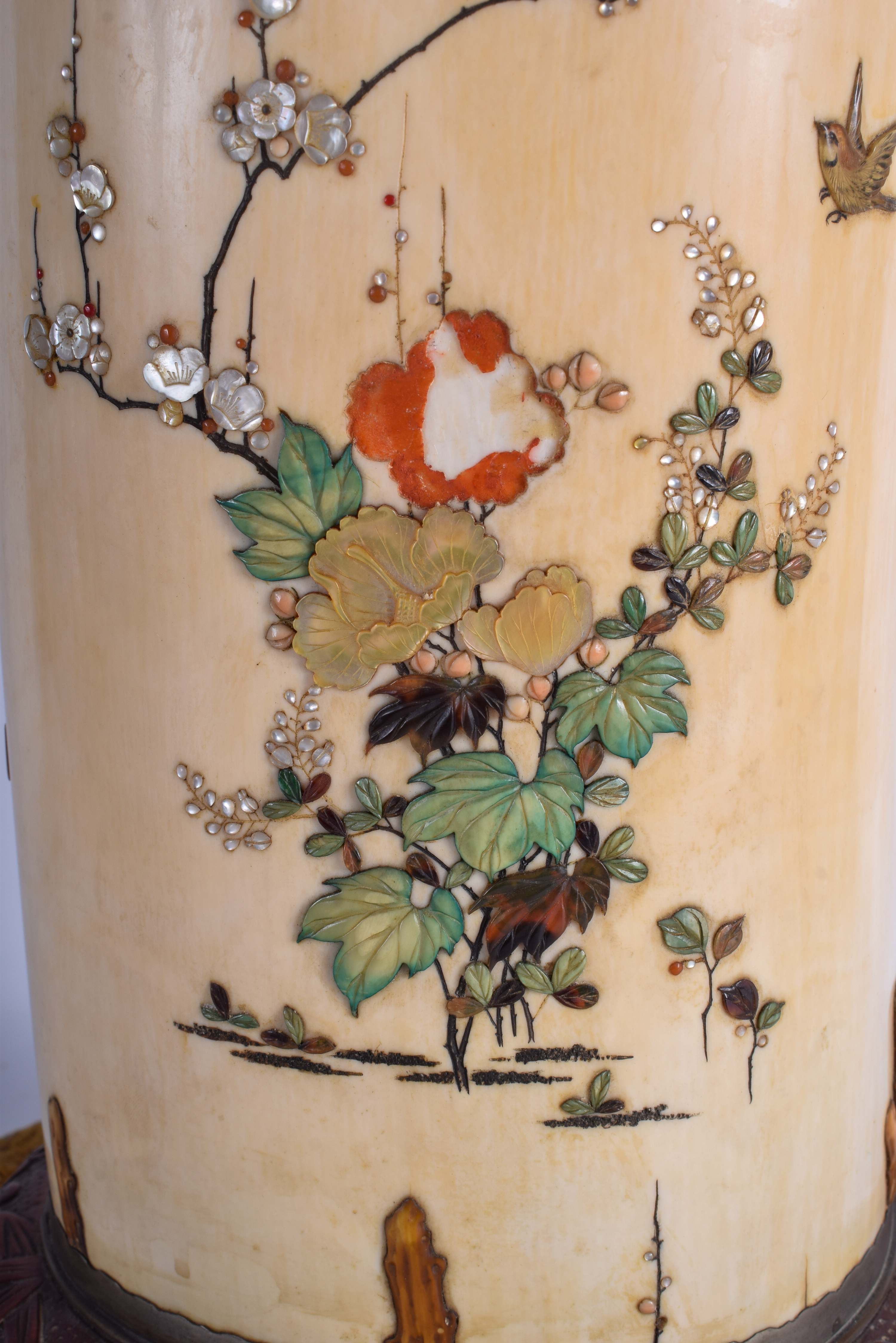 A LARGE 19TH CENTURY JAPANESE MEIJI PERIOD CARVED SHIBAYAMA IVORY VASE AND COVER decorated with bir - Image 2 of 10