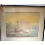 JAPANESE SCHOOL (early 20th century) FRAMED WATERCOLOUR, signed, boats with Mount Fuji in the backg