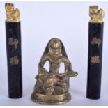 A RARE PAIR OF 19TH CENTURY CHINESE CARVED WOOD SEALS together with an Indian Buddha. (3)