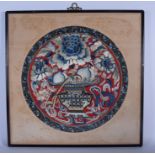 A LARGE EARLY 20TH CENTURY CHINESE CIRCULAR SILK ROUNDEL depicting an urn of flowers. Silk 46 diame