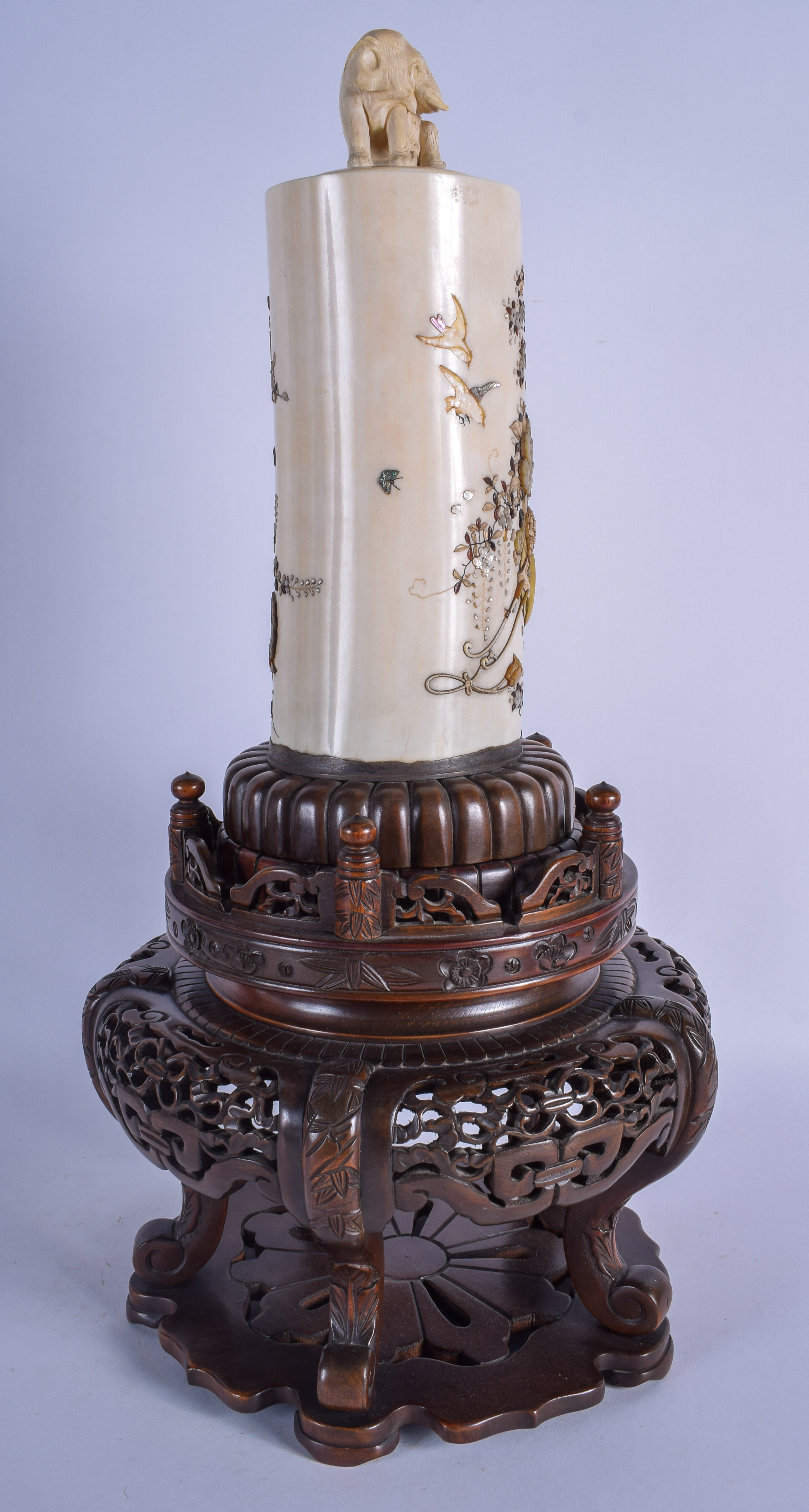 A LARGE 19TH CENTURY JAPANESE MEIJI PERIOD CARVED IVORY TUSK VASE AND COVER decorated with urns and - Image 4 of 12