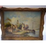 CONTINENTAL SCHOOL (19th/20th century) FRAMED OIL ON PANEL, indistinctly signed, figures in a river