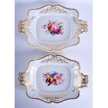A 19TH CENTURY CHAMBERLAIN WORCESTER PAIR OF DISHES painted with flowers, impressed marks. 34 cm wi