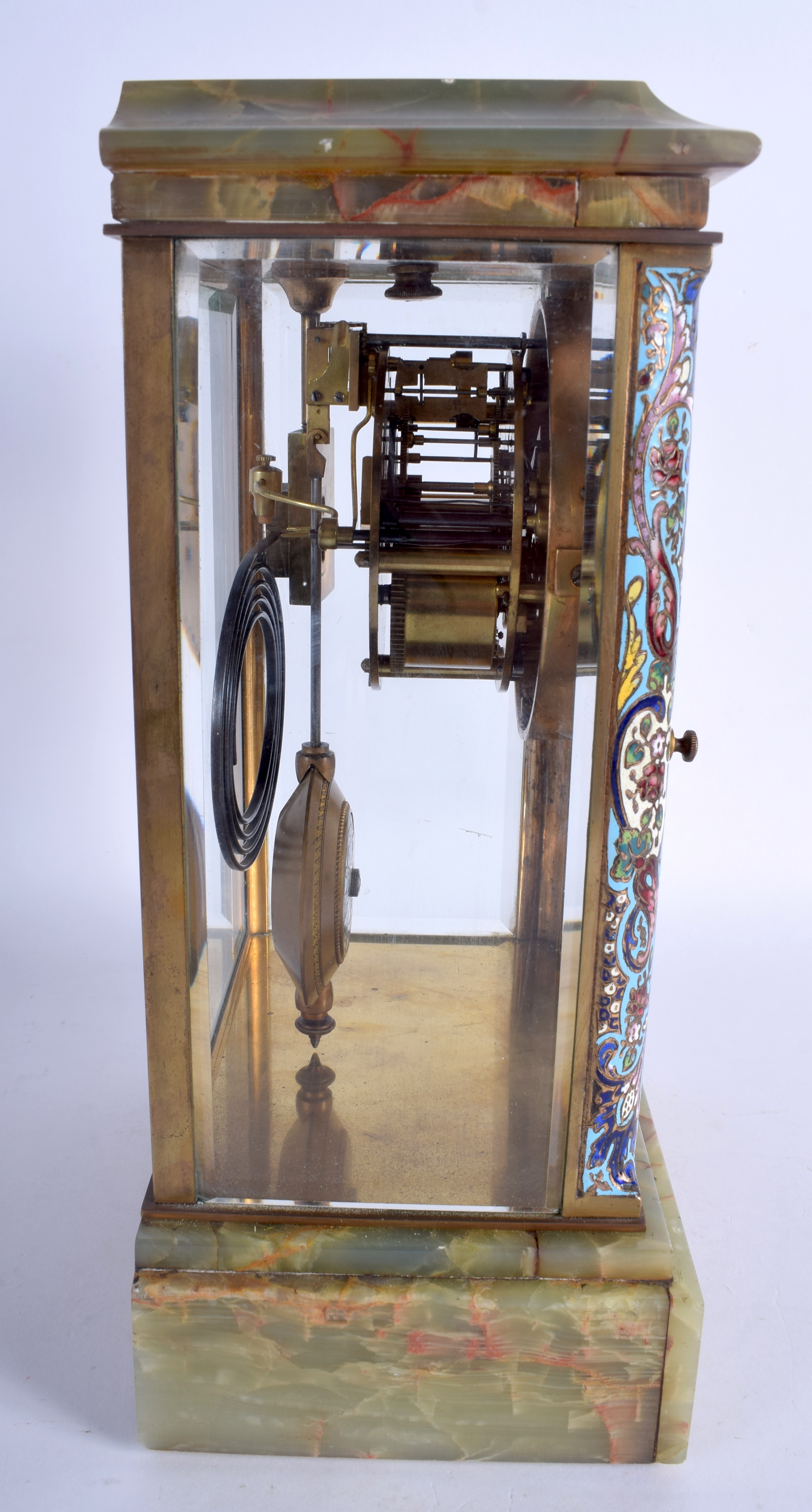 AN EARLY 20TH CENTURY FRENCH CHAMPLEVÉ ENAMEL AND ONYX FOUR GLASS CLOCK Gibson Ltd Belfast. 30 cm x - Bild 4 aus 4