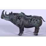 A CHINESE ARCHAIC STYLE BRONZE INCENSE BURNER IN THE FORM OF A RHINOCEROS, formed standing. 24 cm w