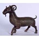 A LARGE CHINESE BRONZE STATUE OF A RAM, decorated with taotie mask heads. 29 cm x 35 cm.