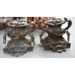 A PAIR OF 19TH CENTURY BRONZE VASE MOUNTS, the base and top with handles. 30 cm wide.