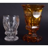 A 19TH CENTURY HEAVY AMBER KNOPPED BOHEMIAN GERMAN GLASS initialled JMC, decorated and engraved wit
