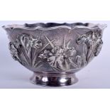 A 19TH CENTURY JAPANESE MEIJI PERIOD SILVER PEDESTAL BOWL decorated in relief with floral sprays. 5