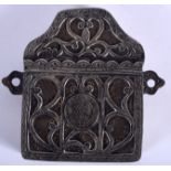 AN 18TH CENTURY MIDDLE EASTERN TRAVELLING BRONZE AND SILVER BOX inset with a coin dated 1336. 12.5