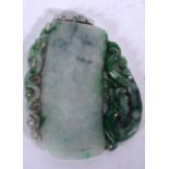 A CHINESE JADEITE CARVING, formed as a plain tablet with chilong clinging to one side. 7.5 cm x 5.7