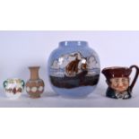 A DOULTON PORCELAIN VASE PAINTED WITH A SHIP, together with a character jug and two others. (4)