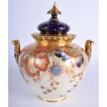 AN ANTIQUE ROYAL CROWN DERBY TWIN HANDLED PORCELAIN VASE AND COVER possibly for the Middle Eastern