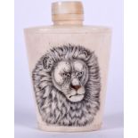 AN EARLY 20TH CENTURY CHINESE BONE SNUFF BOTTLE, carved with a prowling lion. 7.5 cm high.