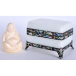 A 19TH CENTURY CHINESE CARVED IVORY BUDDHA together with an enamelled Peking glass box. Box 9 cm wi