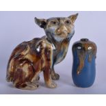 AN UNUSUAL EARLY 20TH CENTURY CHINESE FLAMBÉ TYPE GLAZED CAT together with a similar vase. 20 cm &