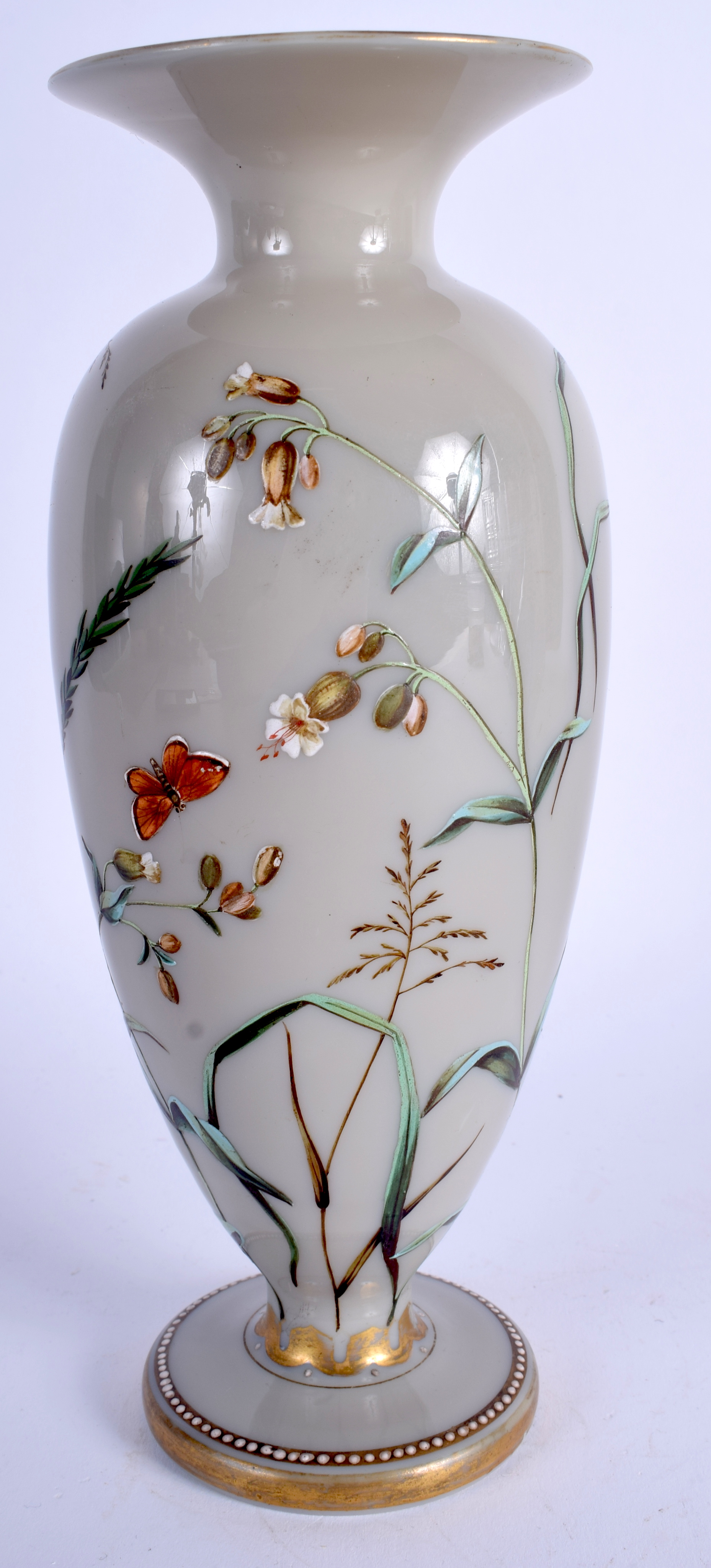 A VICTORIAN GREY OPALINE ENAMELLED GLASS VASE painted with a moth over foliage. 23.5 cm high. - Image 2 of 2