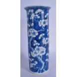 A 19TH CENTURY CHINESE BLUE AND WHITE CYLINDRICAL VASE bearing Kangxi marks to base. 26 cm high.