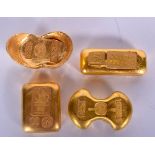 FOUR CHINESE YELLOW METAL INGOTS, varying form. Largest 6.25 cm wide. (4)