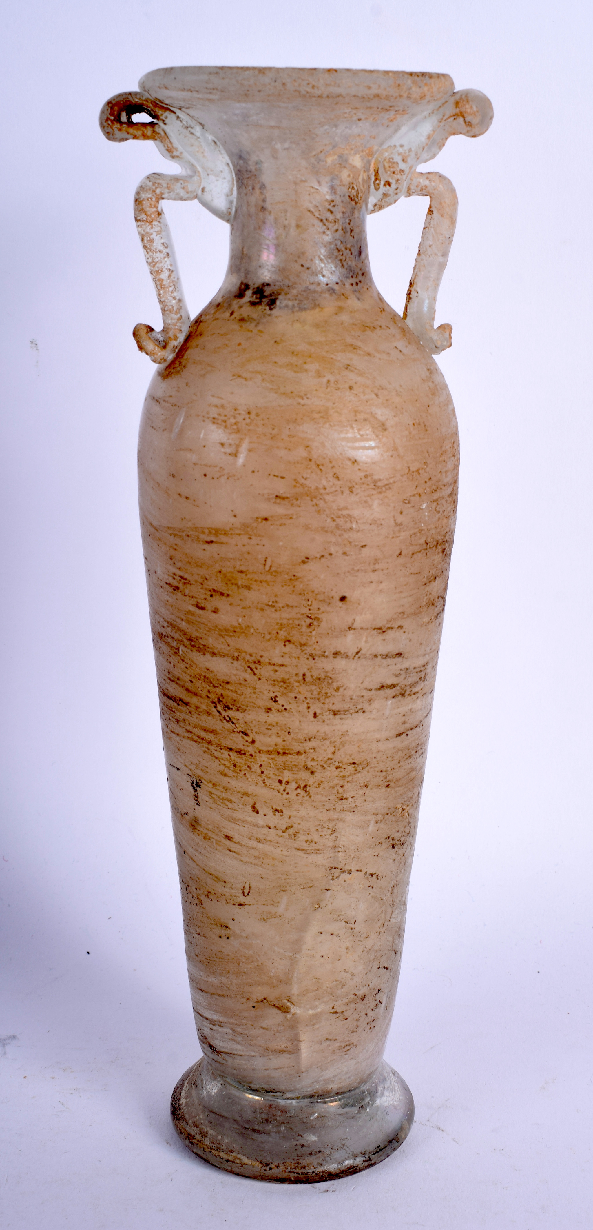 A CONTINENTAL ANTIQUITY STYLE ROMANESQUE GLASS VASE. 25 cm high.