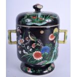 A RARE 19TH CENTURY CHINESE TWIN HANDLED FAMILLE NOIRE CUP AND COVER Kangxi style. 19 cm x 13 cm.