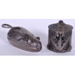 A SILVER BOX IN THE FORM OF A MOUSE, together with an Islamic silver filigree object. Box 8 cm wide