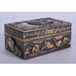 A 19TH CENTURY JAPANESE MEIJI PERIOD ONLAID BRONZE BOX AND COVER decorated with silver & gold figur