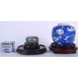A LATE 19TH CENTURY CHINESE BLUE AND WHITE PORCELAIN PRUNUS GINGER JAR, together with three hardwoo