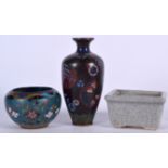 A CHINESE GE TYPE POTTERY PLANTER together with a cloisonne vase and another similar. Vase 12.5 cm