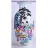 A LARGE CHINESE FAMILLE ROSE PORCELAIN VASE, decorated with females beside flowering rock in a land