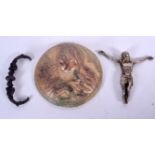 A PERSIAN POTTERY LID, together with a white metal figure of Jesus Christ and a handle. (3)