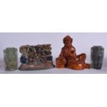 A PAIR OF CHINESE CARVED FLUORITE VASES, together with a wooden figure and a polychromes panel. (4)