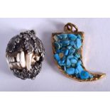 A RARE 19TH CENTURY SILVER MOUNTED TOOTH PENDANT together with a turquoise pendant. (2)